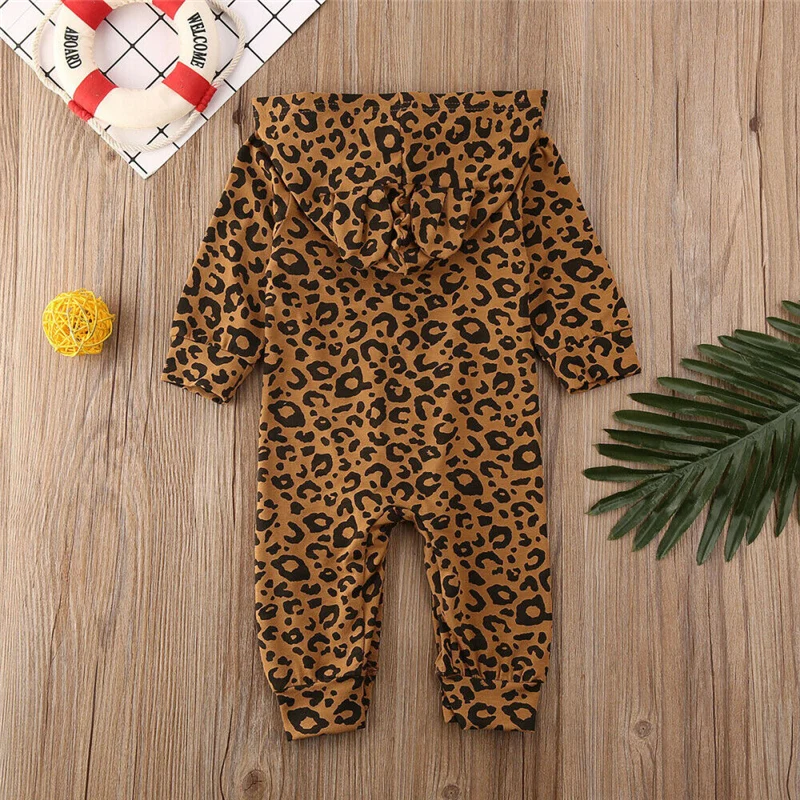 Newborn Baby Girl Boy Rompers Leopard Clothes Hooded Zipper Long Sleeve Romper Jumpsuit Winter Outfits 0-24M