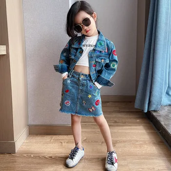 

Autumn Winter Toddler Girls Clothing Sets Embroidery Girls Denim Jackets Coats + Jeans Skirts 2pcs Children Outfits Sets