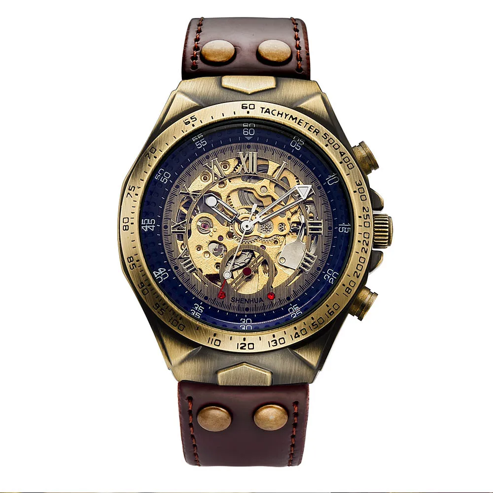 Винтажные автоматические механические часы мужские часы в стиле стимпанк с самообмоткой в стиле ретро кожаные Наручные часы мужские часы montre homme - Цвет: Brown