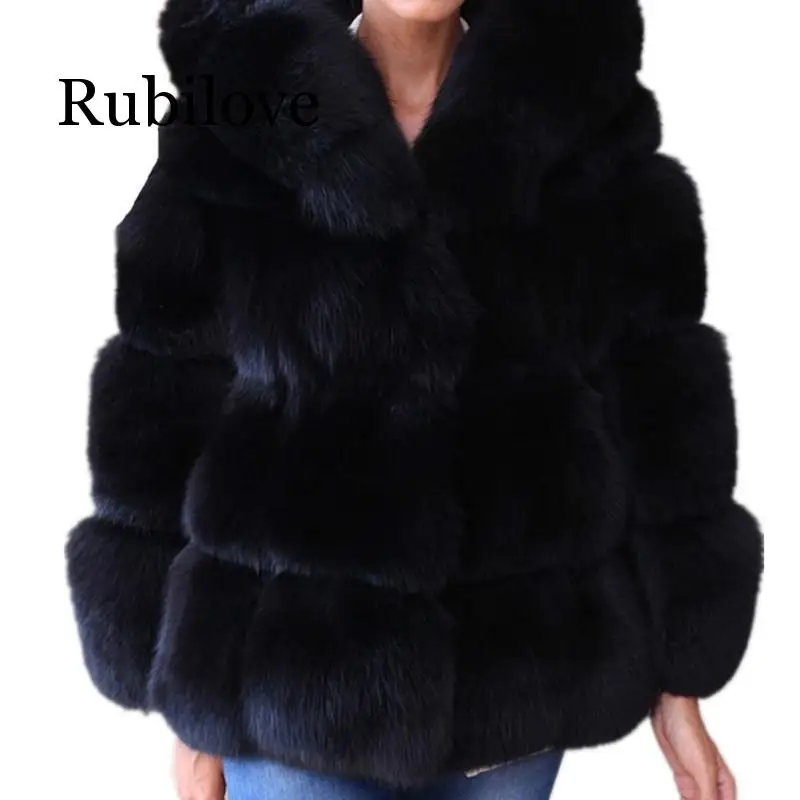 

Rubilove Women Winter Jacket Coat Long sleeve collar Luxury Faux Fox Fur Coat Jacket Faux Fur Warm Coat Outwear With hooded