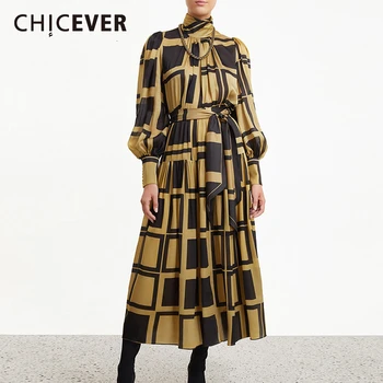 

CHICEVER Plaid Two Piece Sets Women Turtleneck Lantern Sleeve Blouse High Waist Lace Up Bowknot Skirts Female Suits 2020 Fashion