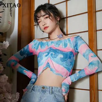 

XITAO Pleated Hit Color Short T Shirt Women Clothes 2020 Spring Summer New Fashion Sexy Hollow Out Slash Neck Tee Top ZLL5046