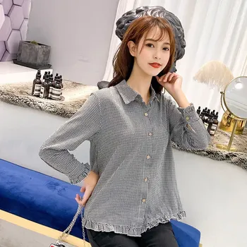 

Women Fashion Shirts Long Sleeve Plaid Printed Lapel Long Sleeve Turn-down Collar Casual Tops