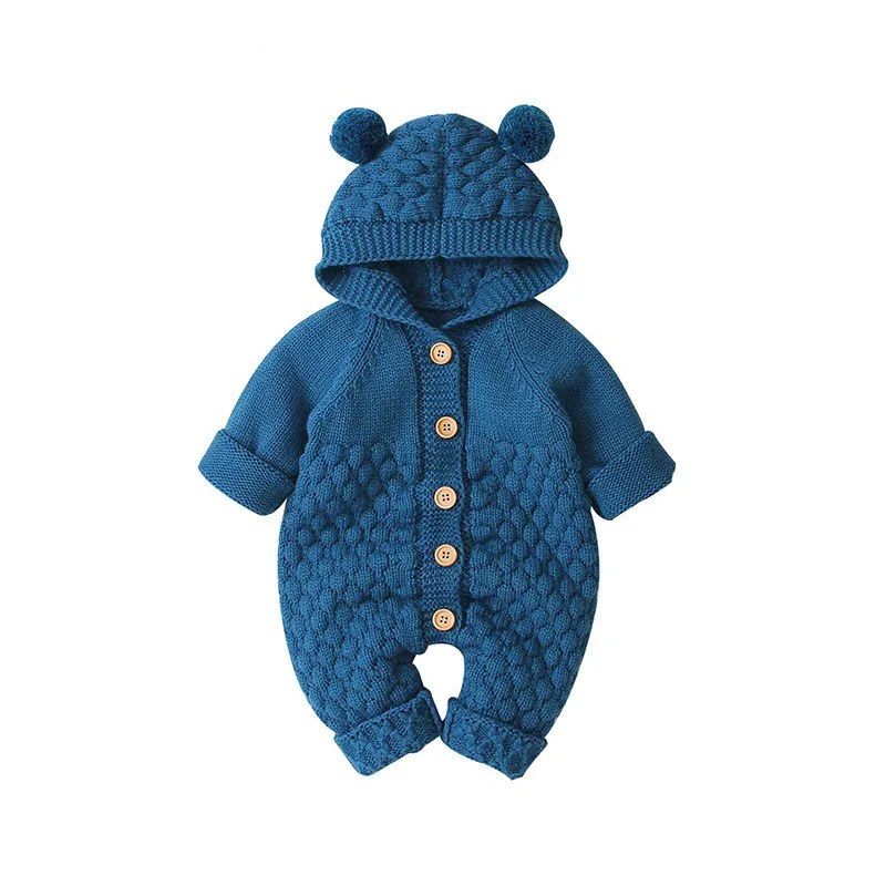 С длинным рукавом трикотажные свитера малыш новорожденный младенец девочка повседневный зимний свитер Одежда для маленьких мальчиков сплошной медведь уха с капюшоном комбинезон