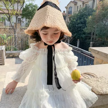 

Children Princess Dresses 2020 Baby Girls Spring New Style Lace Yarn Long Sleeve Sweet Dress Toddler Bubble Sleeve Dress