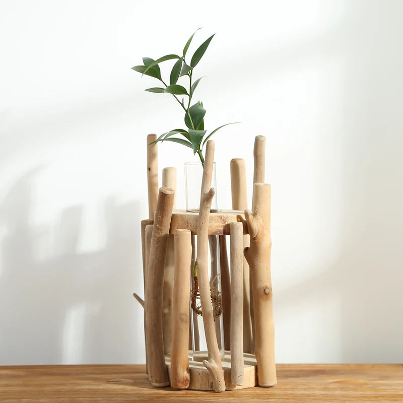 

NEW 2 in 1 100% Handmade Wooden Tabletop Vase with Glass Tube Creative Natural Wood Home/Shop Decor Birthday Gift