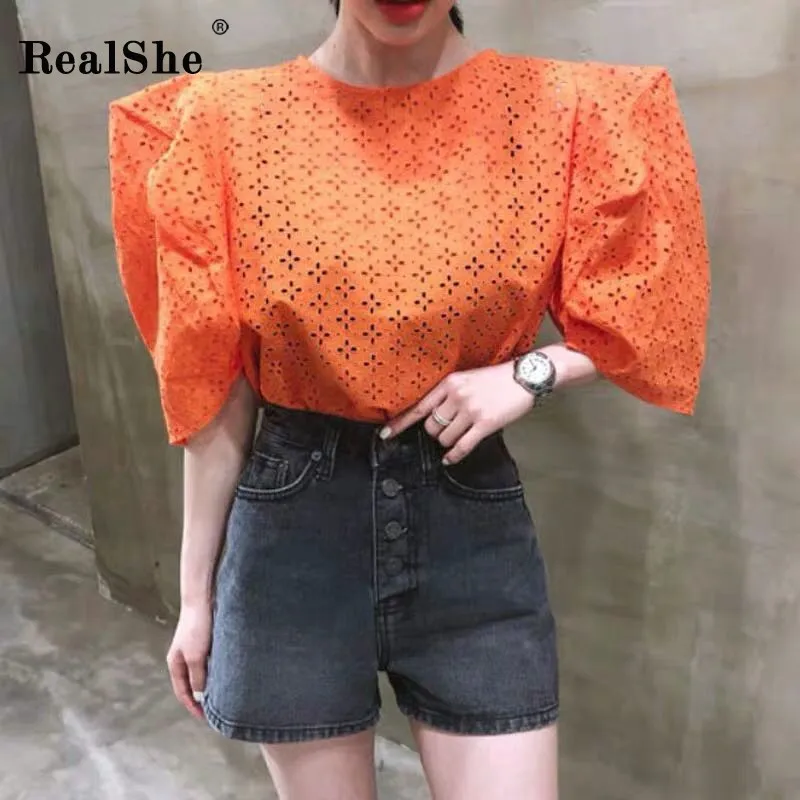 

RealShe T Shirt Women 2019 O-Neck Half Puff Sleeve Hollow Out Solid Loose T-shirt Femme Summer Autumn Casual Tshirt Women