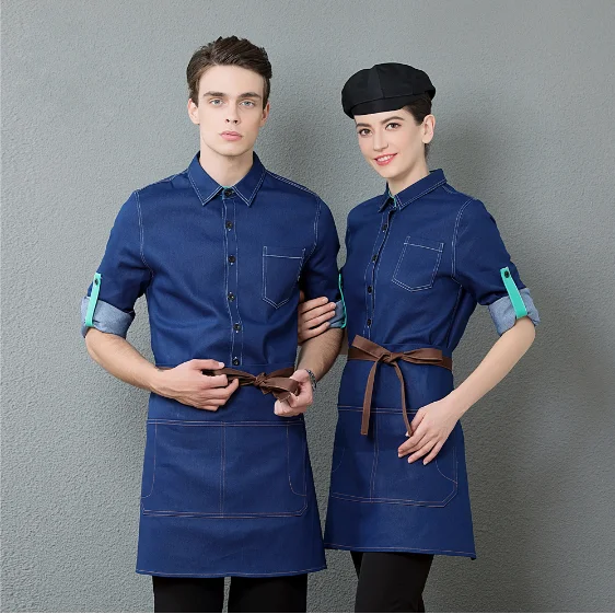 

Women Men Restaurant Chef Clothes Waiter Waitress Denim Adjustable Long Sleeve Shirt Catering Food Service Workwear Uniform Coat