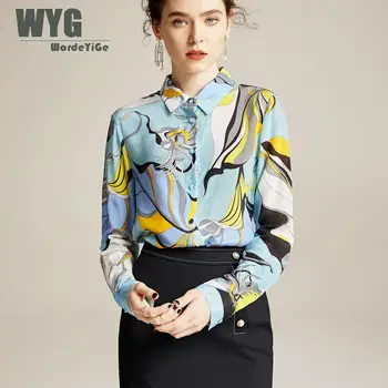 

Baroque Style Gold Print Blouses 2020 Spring New Original Designer Fashion Sky Blue Printed Office Lady Shirts