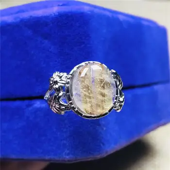 

12x9mm Top Natural Gold Rutilated Quartz Ring For Woman Lady Man Crystal Beads Silver Gemstone Adjustable Ring Jewelry AAAAA