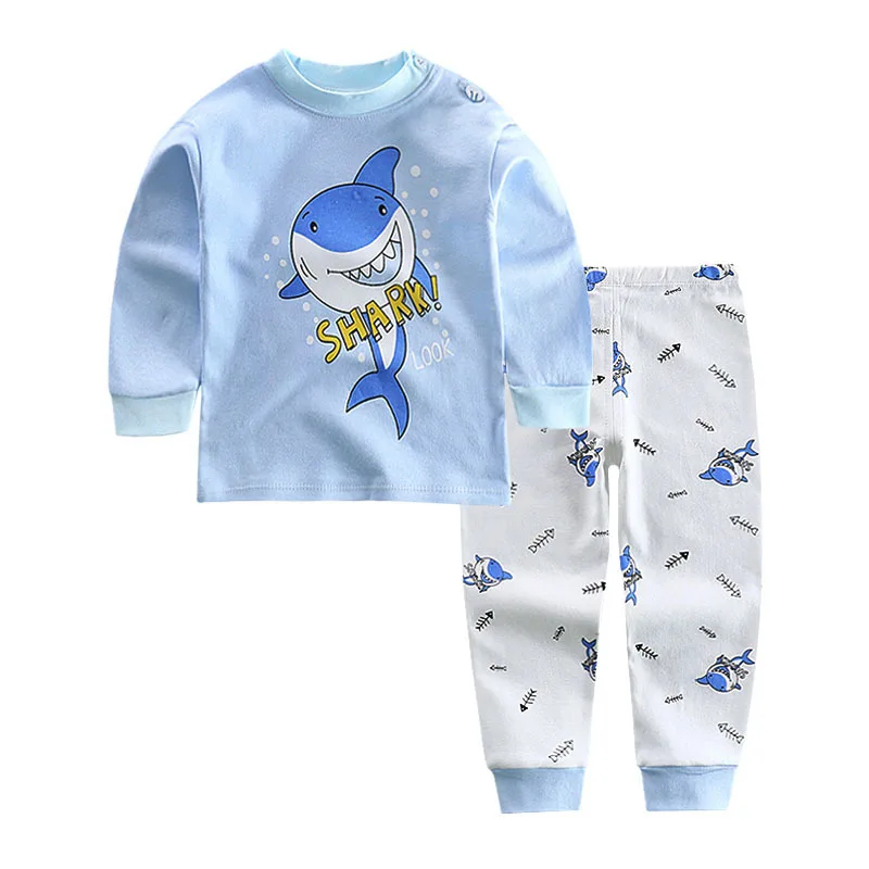 Детская одежда для маленьких мальчиков и девочек в Корейском стиле; одежда для сна с изображением утки, кошки, медведя, акулы; комплект одежды; Пижама; сезон осень-весна - Цвет: Синий