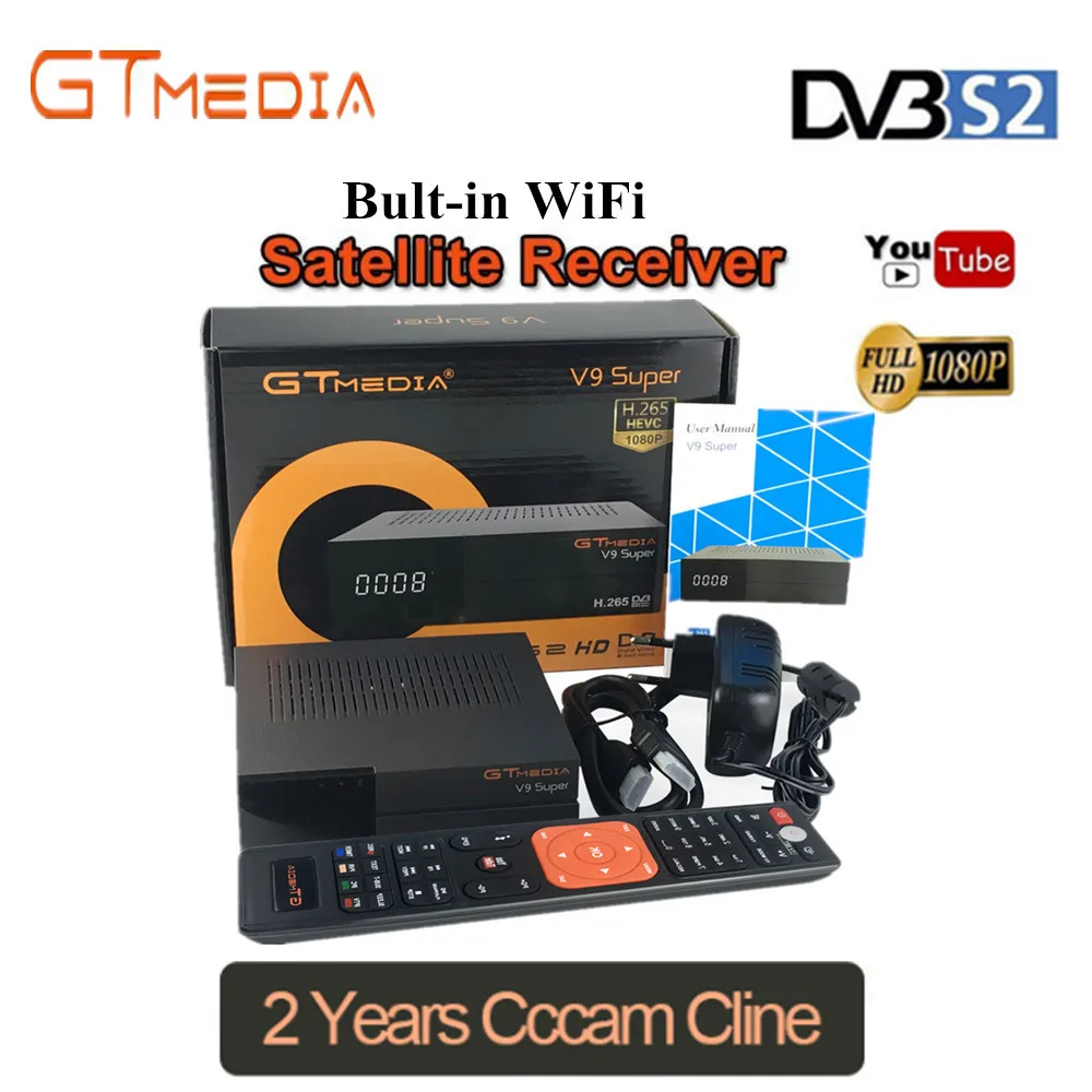 

GTmedia Satellite Receiver V9 Super DVB-S2 H2.65 FREESAT V9 SUPER Satellite TV Receiver HD 1080P with 2 Year 7 Clines Lines