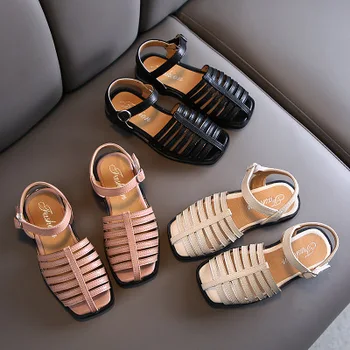 

2020 New Vintange Weave Solid Girl's Sandals Closed Toe Sandals for Girl Kids Baby Flat Girls Sandals Summer Kids Shoes