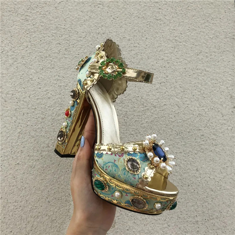 Blue Silk Shoes Woman Peep Toe Decor Pears Narrow Bucke Chic Chunky Square High Heels Studded Crystal Sandalias Woman Sandals