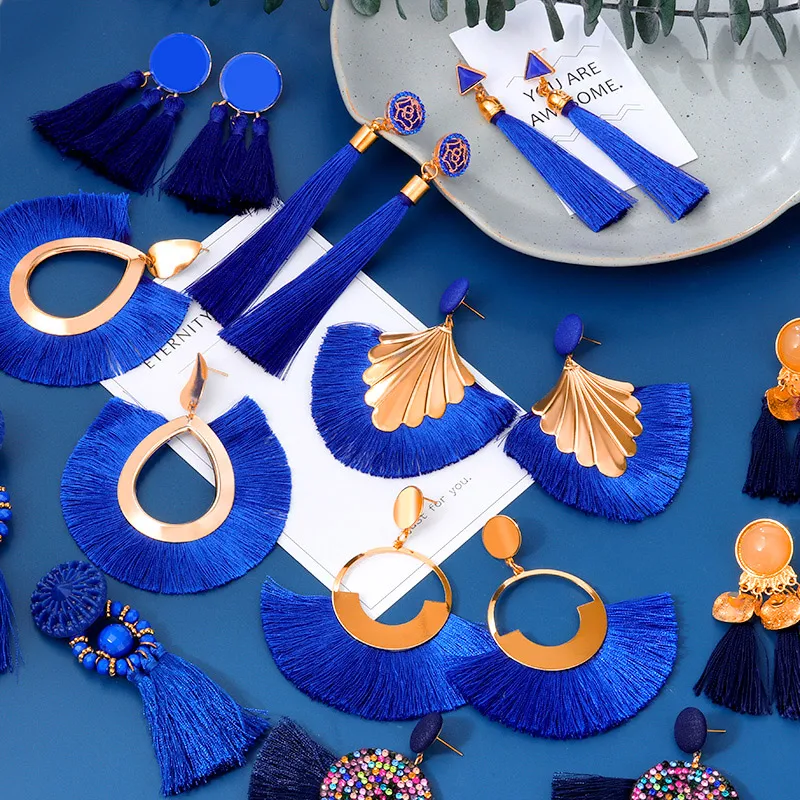 Bohemian Tassel Earrings Blue Black Red Geometric Cotton Silk Fringe Big Dangle For Women 2020 Fashion Female Jewelry | Украшения и