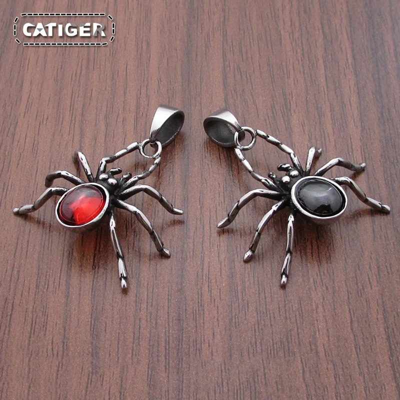 Punk 316 Stainless Steel Silver Color Red Crystal Spider Pendant Halloween Party Decor Gift Animal Necklace 3