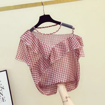 

Women's Sexy Off-Shoulder Tops Chiffon Shirt Short Sleeve Women's Summer Top New Ruffles Stitching Plaid Shirt Blouse Blouses