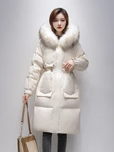 

2022new Winter Parka Big Natural Fur Collar Hooded Women 90% White Duck Down Long Coat Casual Female Thick Warm Snow Outwear