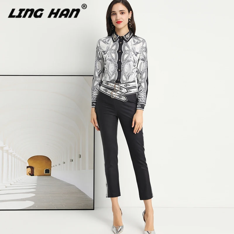 Lingahn Designer 2020 Lente Zomer Vrouwen 2 Delige Set Kralen Print Lange Mouw Korte Blouse + Broek Twinset Vrouwelijke Pak