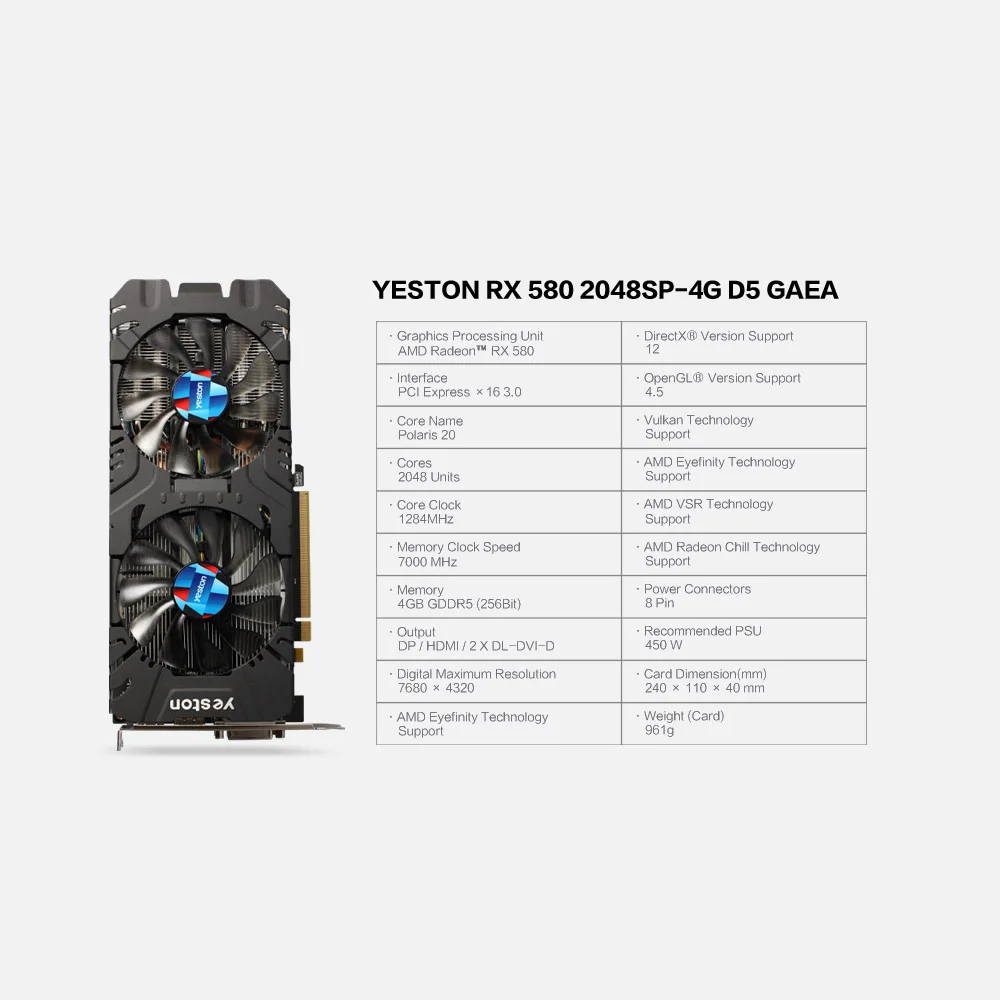 Yeston RX580-2048SP-4G D5 GAEA Видеокарты Radeon Chill Polaris 20 двойной вентилятор охлаждения 4 ГБ GDDR5 256bit DP/HDMI/2xDL-DVI-D