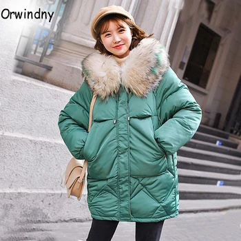 

Thick Warm Female Jacket Long Coat Women Winter Jacket Large Fur Parkas Loose Big Pockets Green Wadded Jackets Orwindny