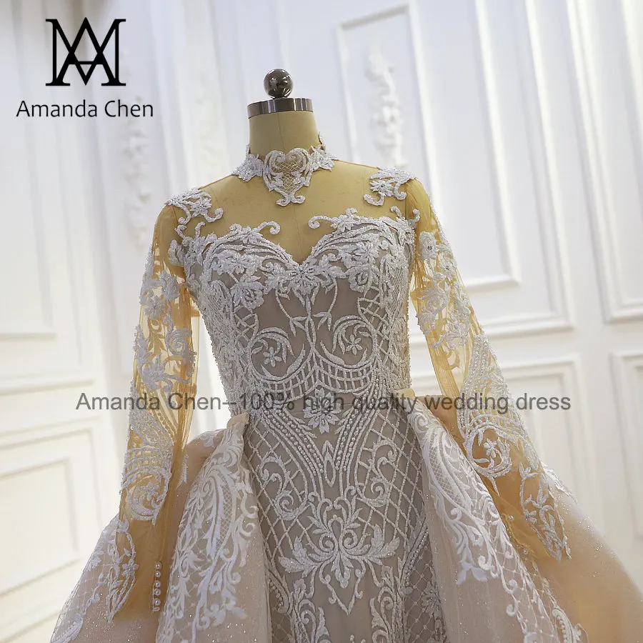 Robe de mariee свадебное платье с длинным рукавом и кружевной аппликацией цвета шампанского