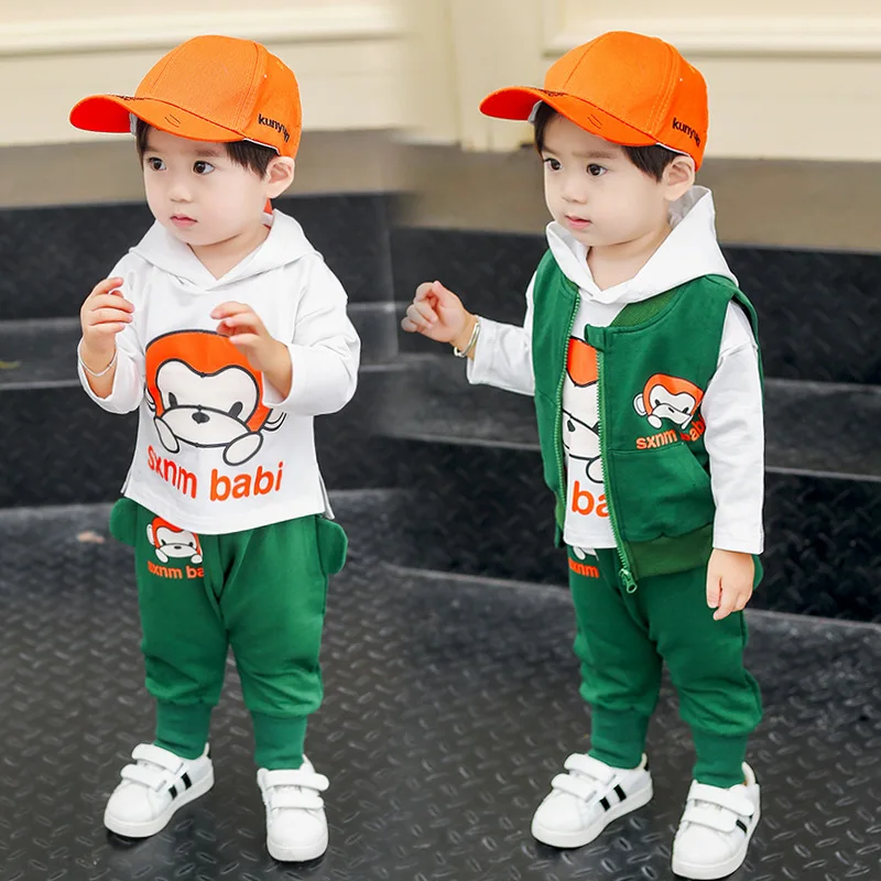 

BOY'S Suit 2019 Spring And Autumn New Style Korean-style CHILDREN'S Cartoon Monkey Three-piece Set Kids Cute Hoodie Case Fashion