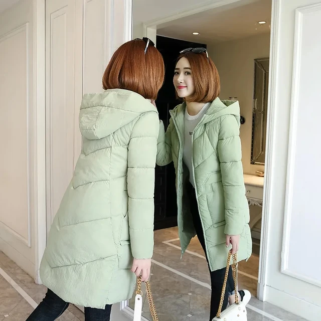 Winter Hooded Thick Warm Jacket Women Casual Cotton Padded Mid Length Coats Korean Snow Wear Overcoats Solid Parka Outwears New light green