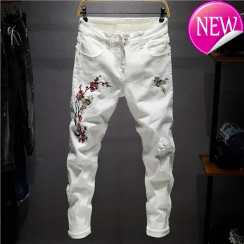 

Color Mens Classic Casual jeans Slim Thin Denim Washed Pencil Pants Male Comfortable embroidery flowerTrousers