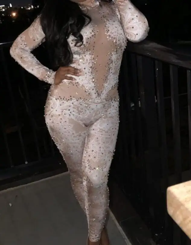 Tanie Moda kombinezon stras legginsy Stretch seksowny kostium kobiety impreza w klubie nocnym nosić taniec body moda pajacyki