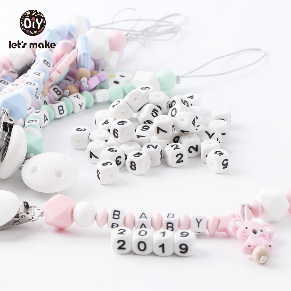 

Let'S Make 10Pc Silicone Teether 0-9 Number Letters Bpa Free Chew Beads Diy Pacifier Chain Baby Teethers Teething Square Bead