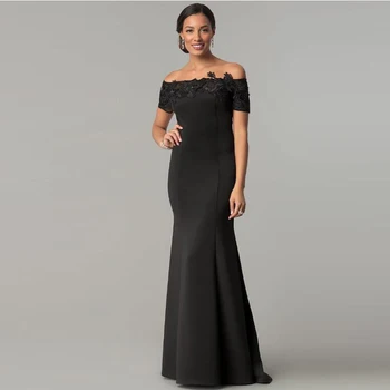 

2020 New Charming Black Mermaid Boat Neckline Mother of the Bride Dresses Off Shoulder Short Sleeves Wedding Party Gowns Flowers