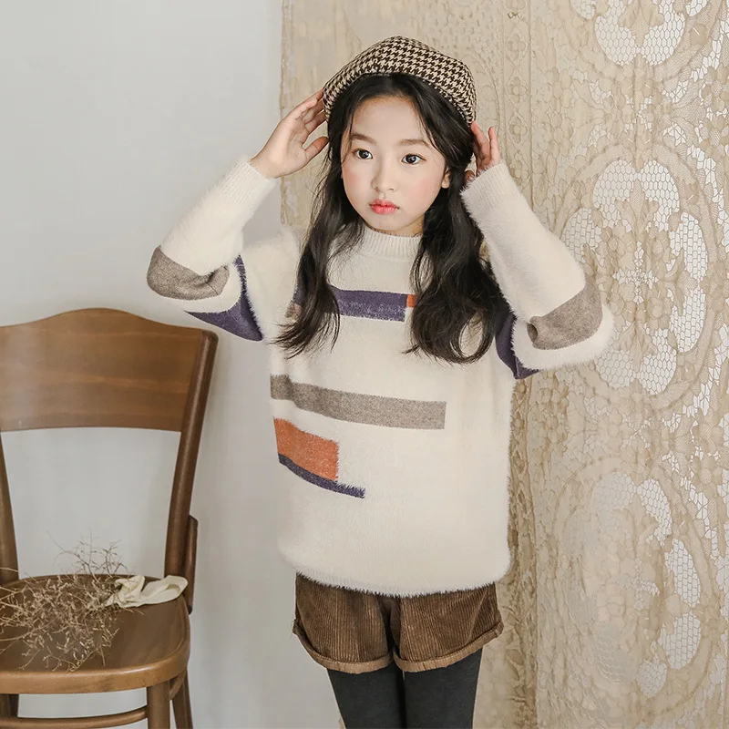 

Teenage Girls Winter 2019 Knitted Patchwork Sweaters For Kids Cotton Long Sleeve Woolen Tops Clothes Children Sweater Clothing