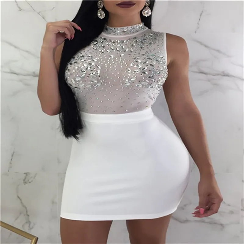 Elegant Women Dresses Skinny Hip Dress with Diamonds Summer Dress Black Round Neck Sleeveless Mini Dress Evening Party Vestito