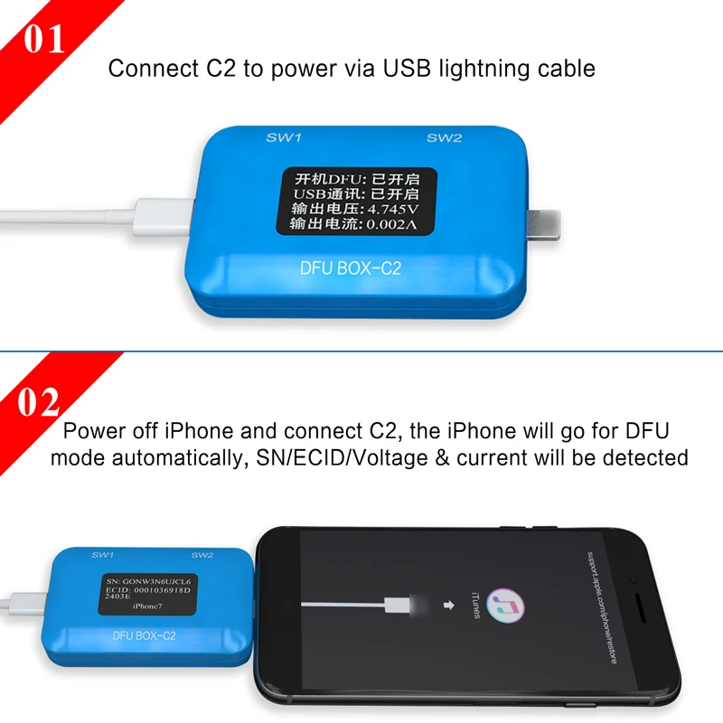 JC DFU BOX-C2 для восстановления перезагрузки IOS восстановление перезагрузки мгновенно SN/ECID/Информация о модели чтение USB ток/напряжение дисплей