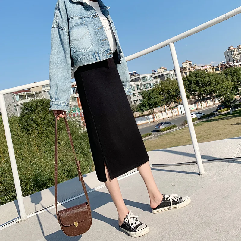 

Skirt WOMEN'S Skirt INS over the Fire of Spring And Autumn High-waisted Slimming Slit-Mid-length Black And White with Pattern Kn