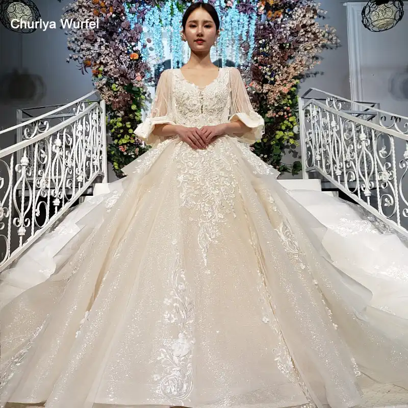 Ls11567 Vestido De Novia De Princesa Brillante Con Encaje Cuello Redondo Borla Media Manga De Lujo Bola Vestidos De Novia Nueva Moda Bata De Mariee Aliexpress