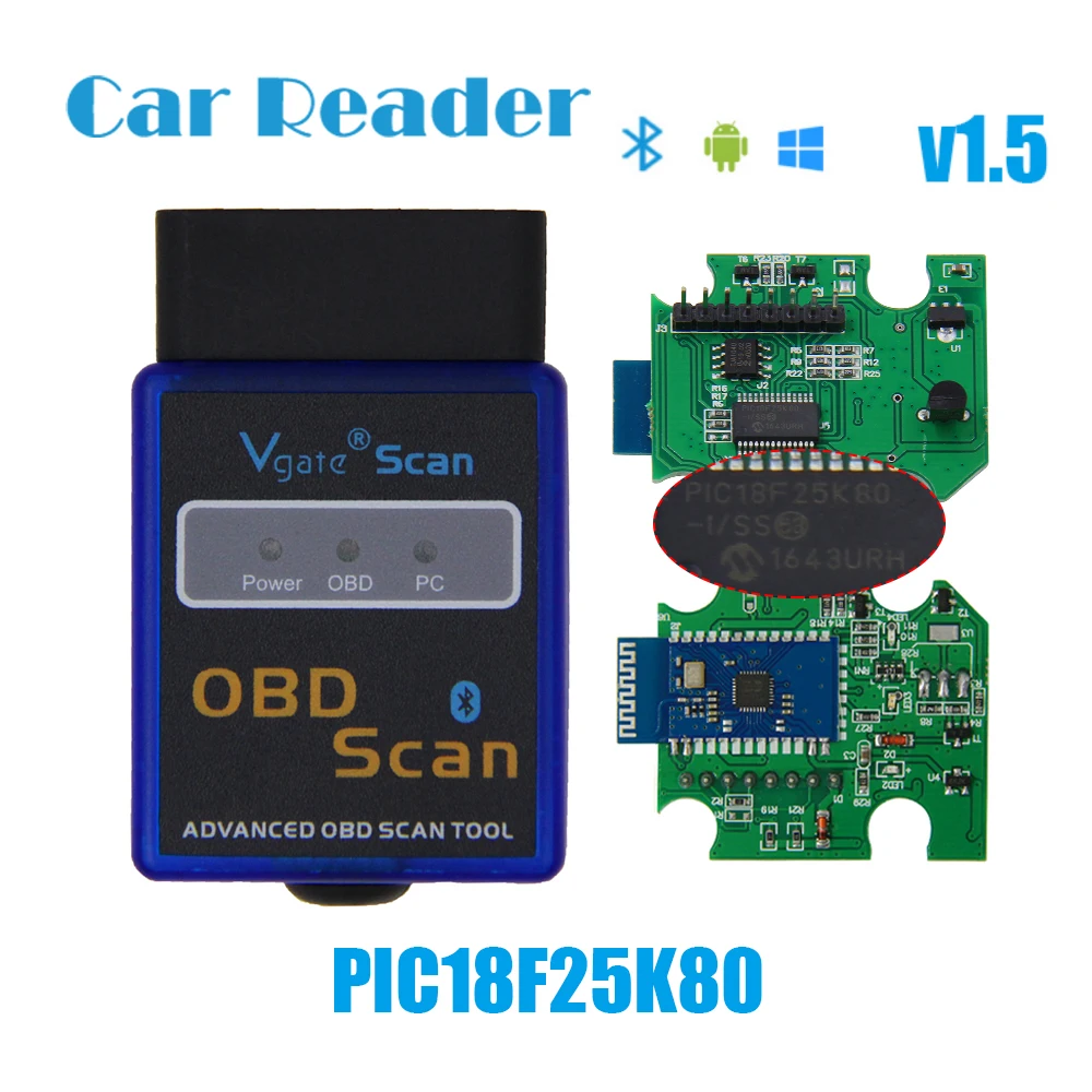Vgate ELM 327 V1.5 с чипом PIC18F25K80 Bluetooth OBD2 автомобильный сканер CAN-BUS работает на Android Torque/PC OBDII диагностический инструмент