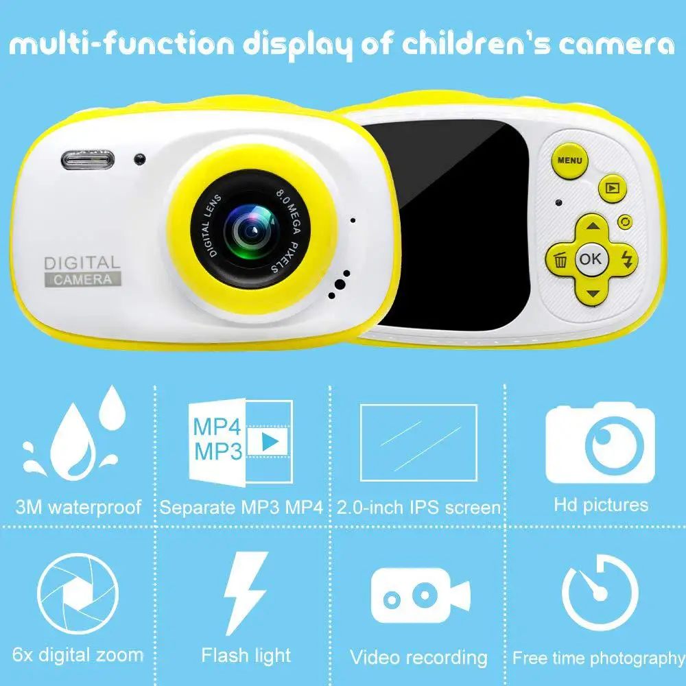 Детская водонепроницаемая цифровая камера, мини-видеокамера для детей, поддержка MP3, MP4 с 2,0 дюймовым HD ips экраном R25