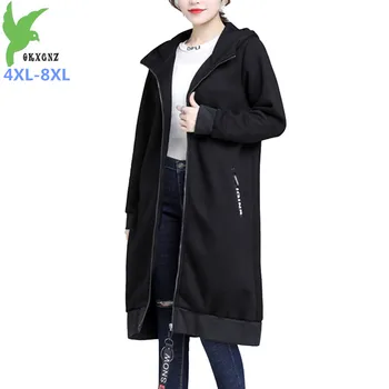 

Oversize 4XL-8XL Long cotton sweatshirt spring autumn black hoodies casual top female zipper flocking sweatshirts Plus size G824