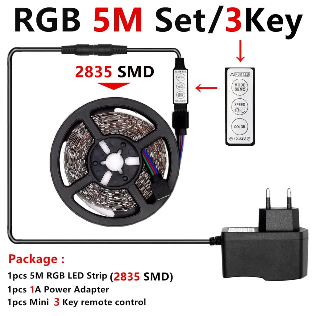 Цветная(RGB) Светодиодные ленты Водонепроницаемый 2835 5 м 10 м DC12V ФИТА светодиодный светильник полосы неоновый светодиодный 12V гибкие светодиодные ленты светодиодный пропилен-каучука прокладки с контроллером и переходником - Испускаемый цвет: 5M 3key Set