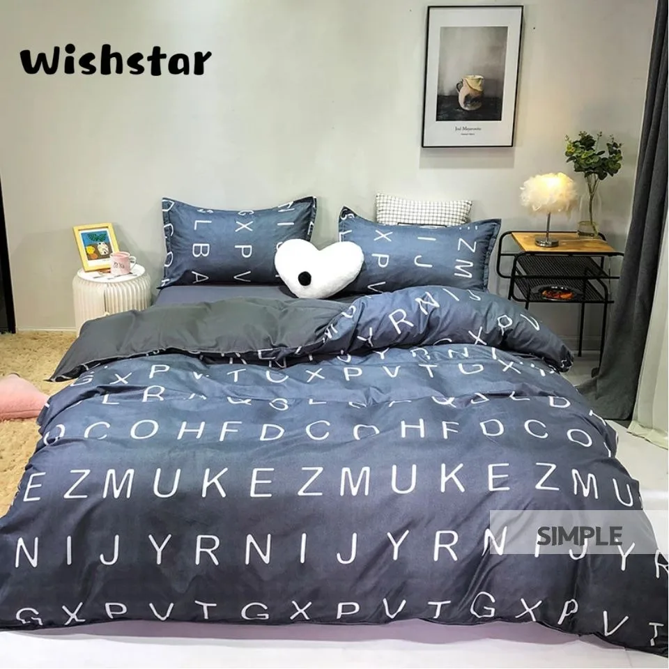 Wishstar Dark Gray Letter Print Bedding Set Queen King Size Nordic