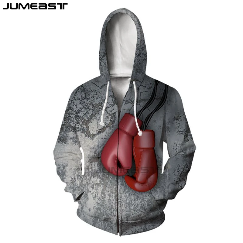 Jumeast Men Women 3D Sweatshirts Hanging Boxing Gloves Oversized Coat Streetwear Casual Jacket Pullover Spring Zipper Hoodies | Мужская
