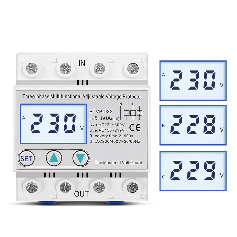 

Din Rail Adjustable AC 380V 3 Phase Over and Under Voltage Protector Relays Voltmeter Monitors Phase Sequence Failure Protection