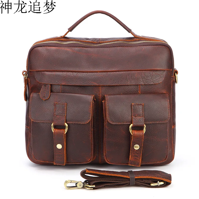 

men's briefcase Crazy horse leather men's bag European and American Famous design retro handbag casual shoulder Messenger bag