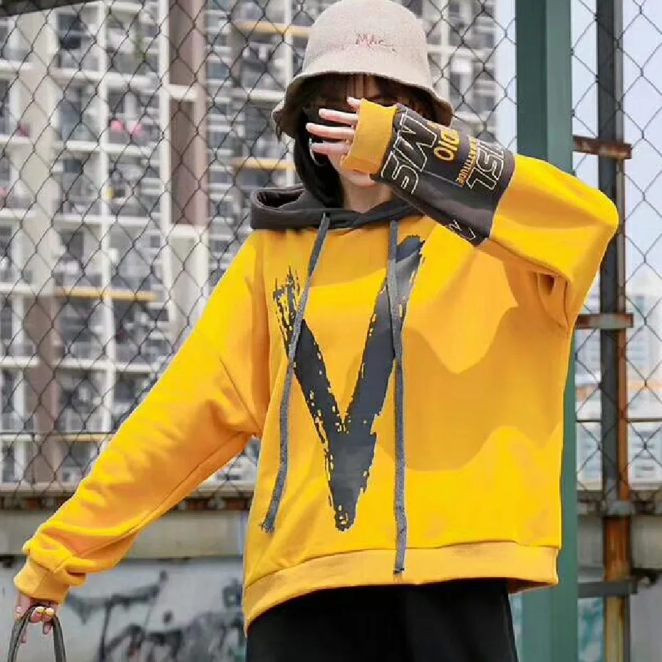 Autumn and winter new lazy wind plus velvet plus pullover printed letter sets of hooded loose casual wild blouse