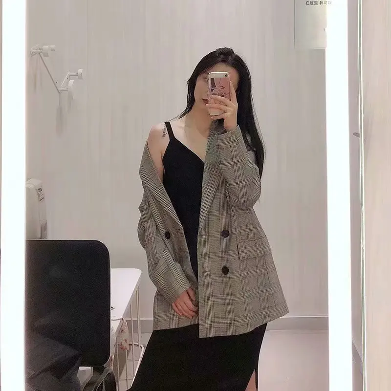 Double-breasted Long-sleeved Plaid Lapel Female Suit Autumn Office Professional Women's Jacket Korean Retro Chic Tops