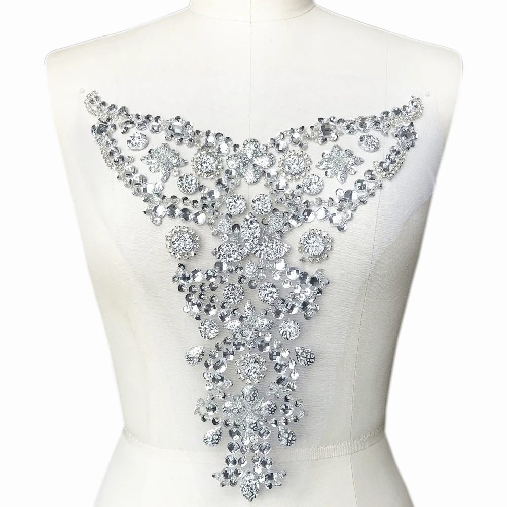 Neck Crystal Dress Neckline Applique Iron on Beaded Trims for Evening Dress Clear Rhinestone Applique V Party Costumes