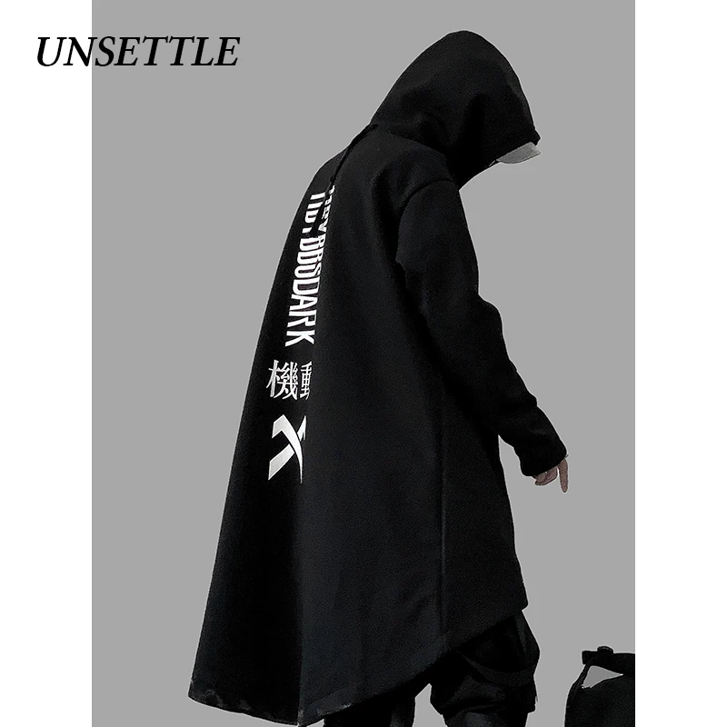  UNSETTLE japanese sweatshirt Mens Oversize Hoodies Long Fleece Cloak Hip Hop Outwear Streetwear Coa