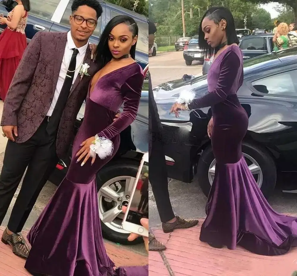 

Velvet Mermaid Prom Dresses Deep V Neck Hollow Back Long Sleeve Sweep Train Formal Evening Party Gowns vestidos de fiesta